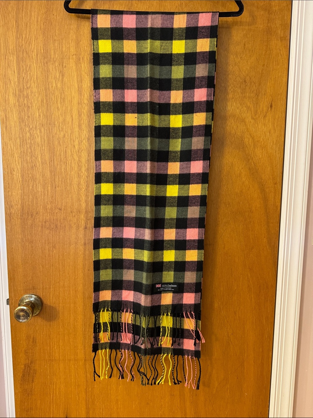 Made in Scotland 100% Cashmere Plaid Scarf in Pink, Yellow & Black